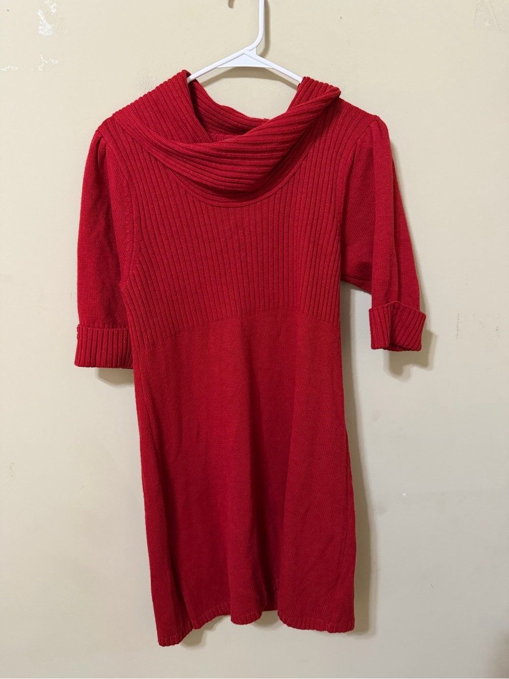 Contact XL Red Cowl Neck Knit sweater Dress knee length elbow sleeve euc chic